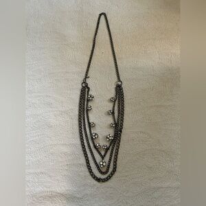 Triple chain long necklace, dark silver with 11 rhinestone balls - like New